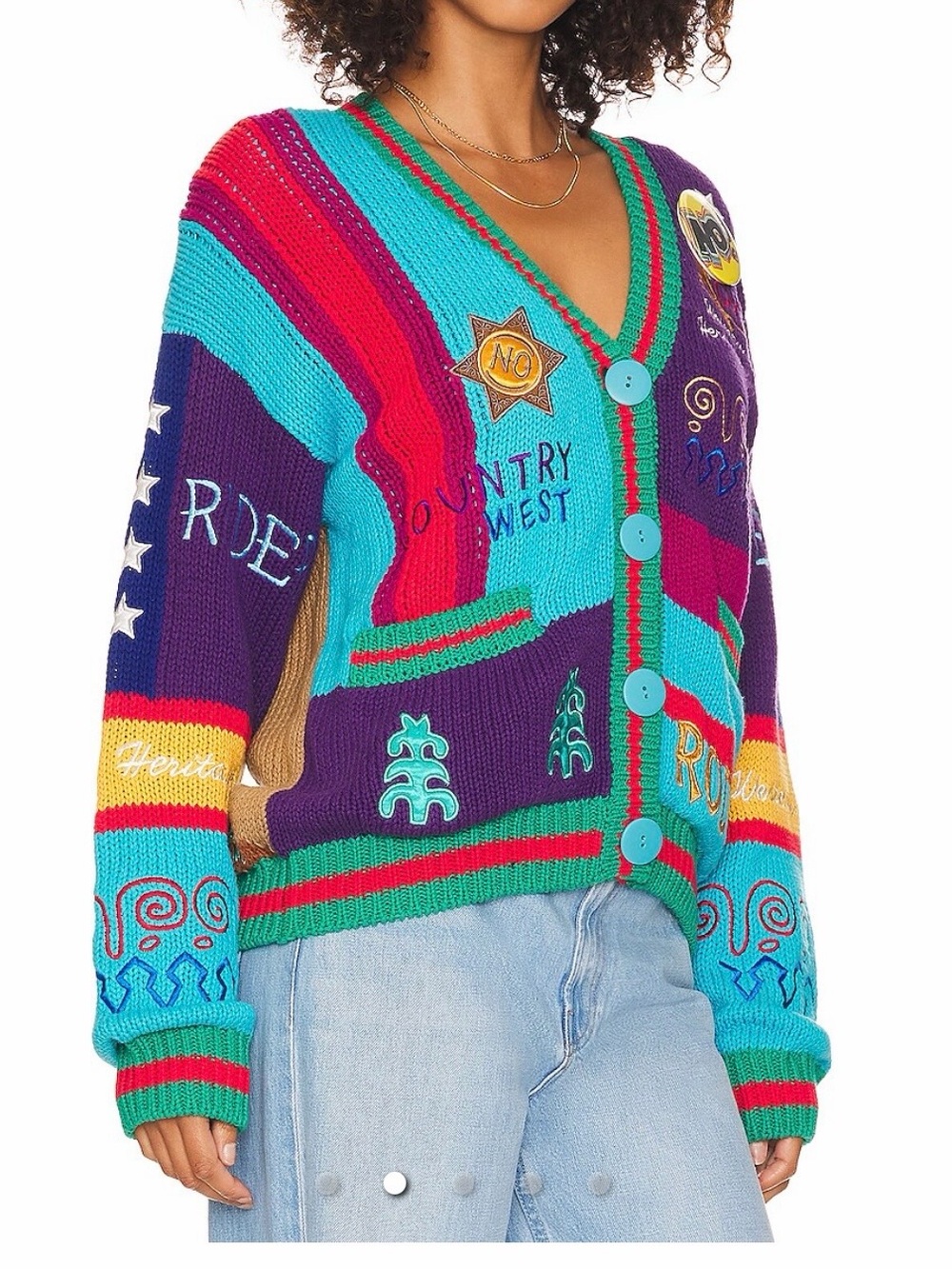 Colorful Patchwork Rodeo Cardigan Sweater - Turquoise & Purple - Picture 2 of 16